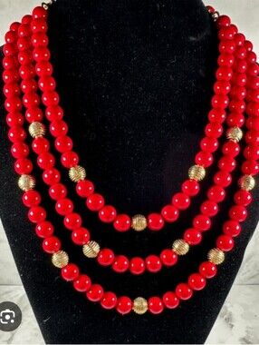 Talbots Red and Gold Three-Strand Beaded Necklace